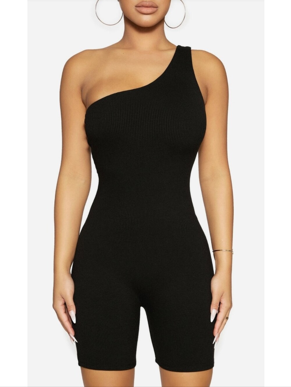 Naked Wardrobe Microrib One Shoulder Romper Size Medium In Black NEW